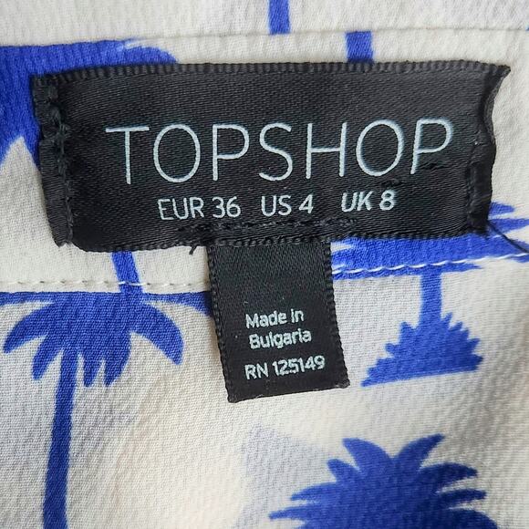 Topshop Women's Blue Palm Trees & Black Piping Button-Down Blouse | US 4 / UK 8 - Picture 9 of 10
